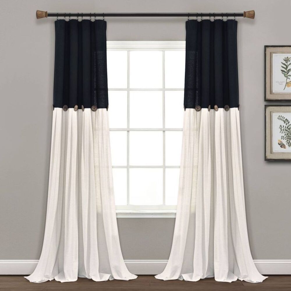95"x40" Farmhouse Linen Button Curtain Black/White - Lush Décor Cotton